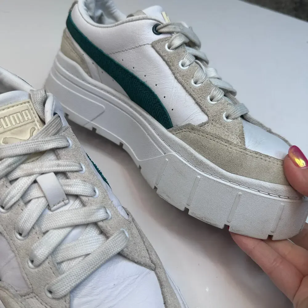 PUMA Mayze Stack White Varsity Green Platform Sneakers